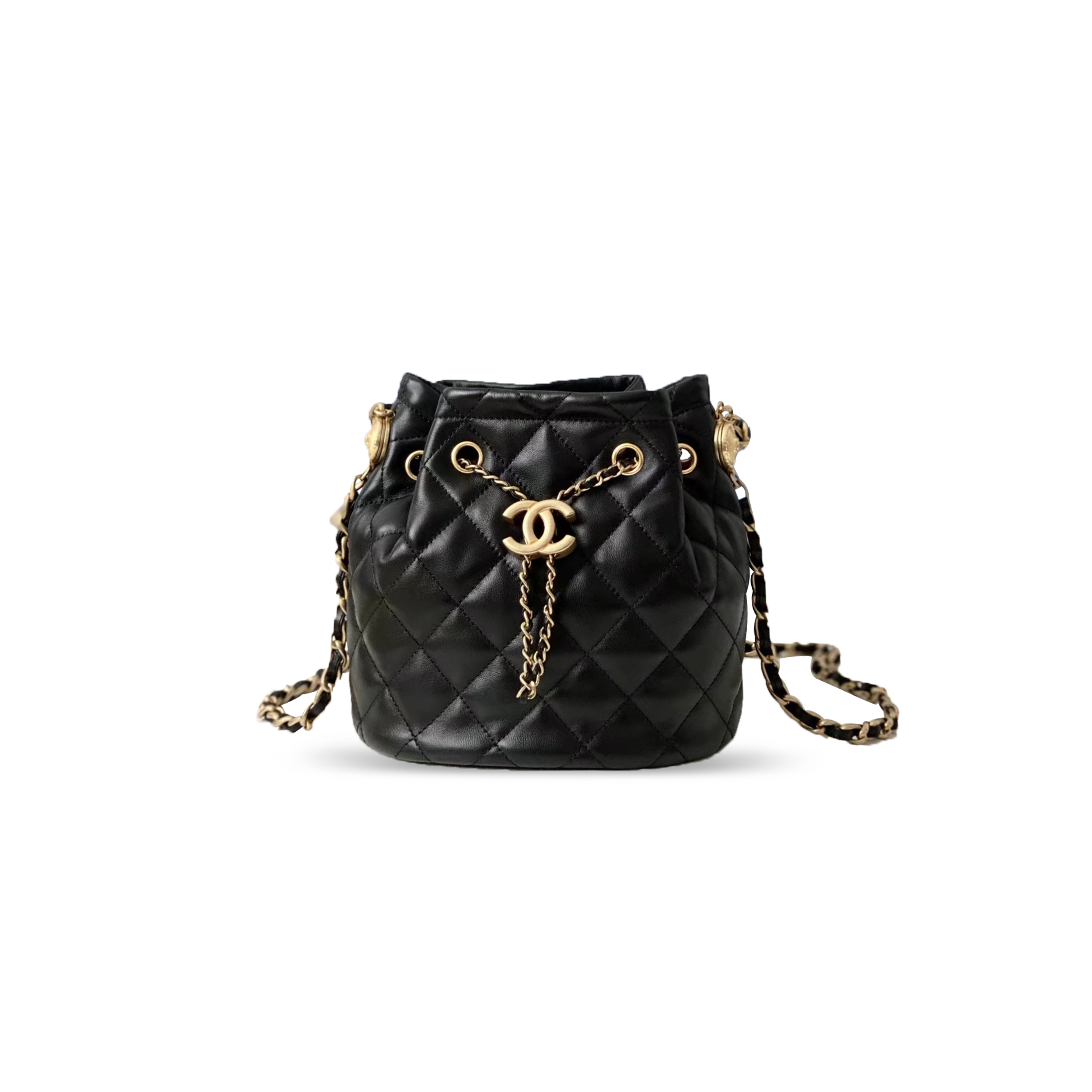 CHANEL CLASSIC DOUBLE C DIAMOND PATTERN BLACK LAMBSKIN BUCKET BAG AS2057 (23*20*12cm)